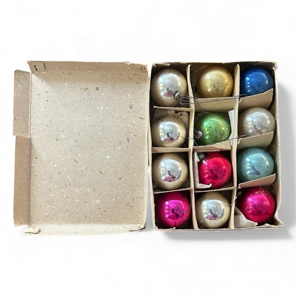 Vintage 1950s Christmas Ornaments – Set of 12 Small Glass Balls • Made in Japan - Picture 1 of 7